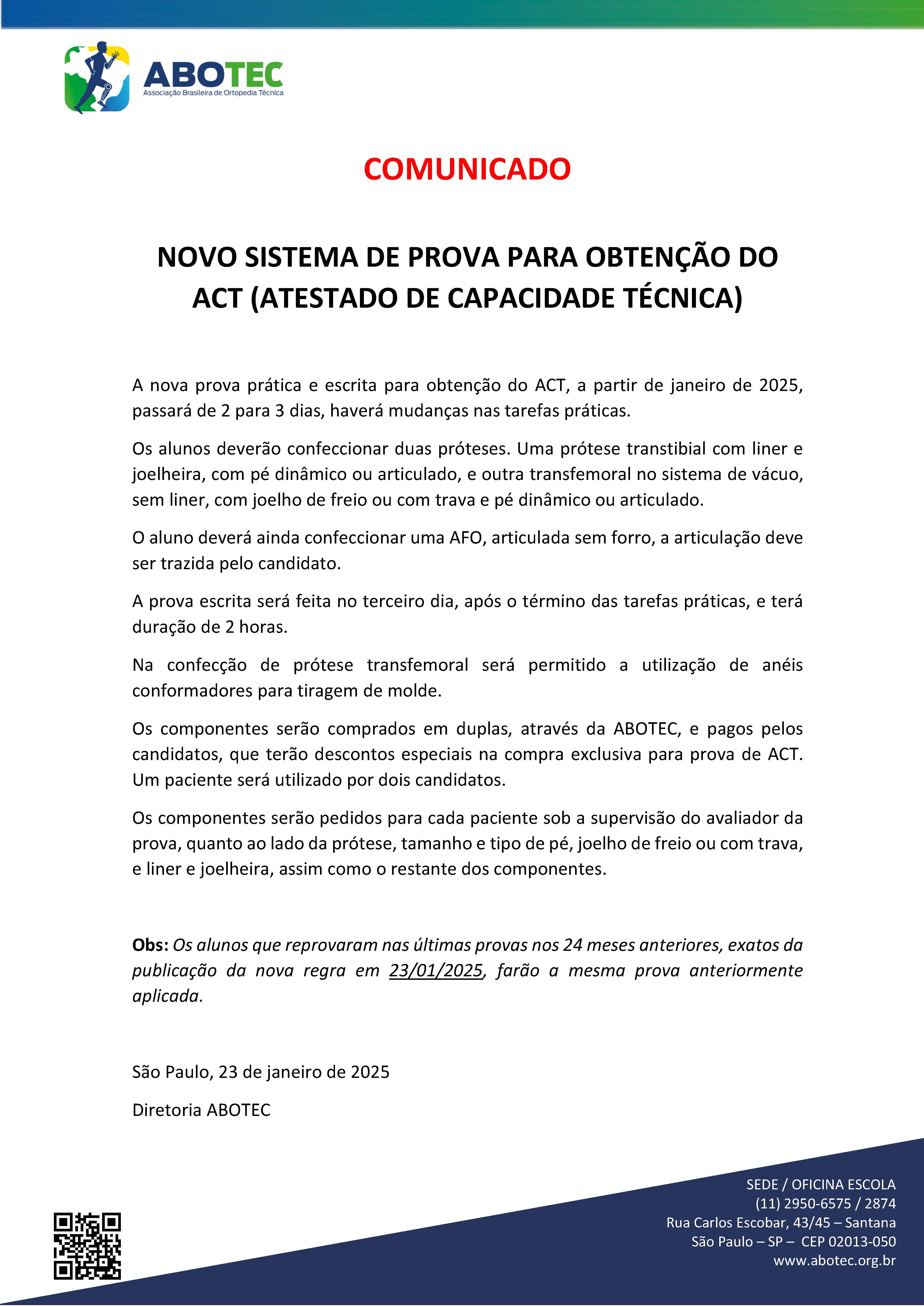 COMUNICADO NOVA REGRAS ACT 20/01/2025